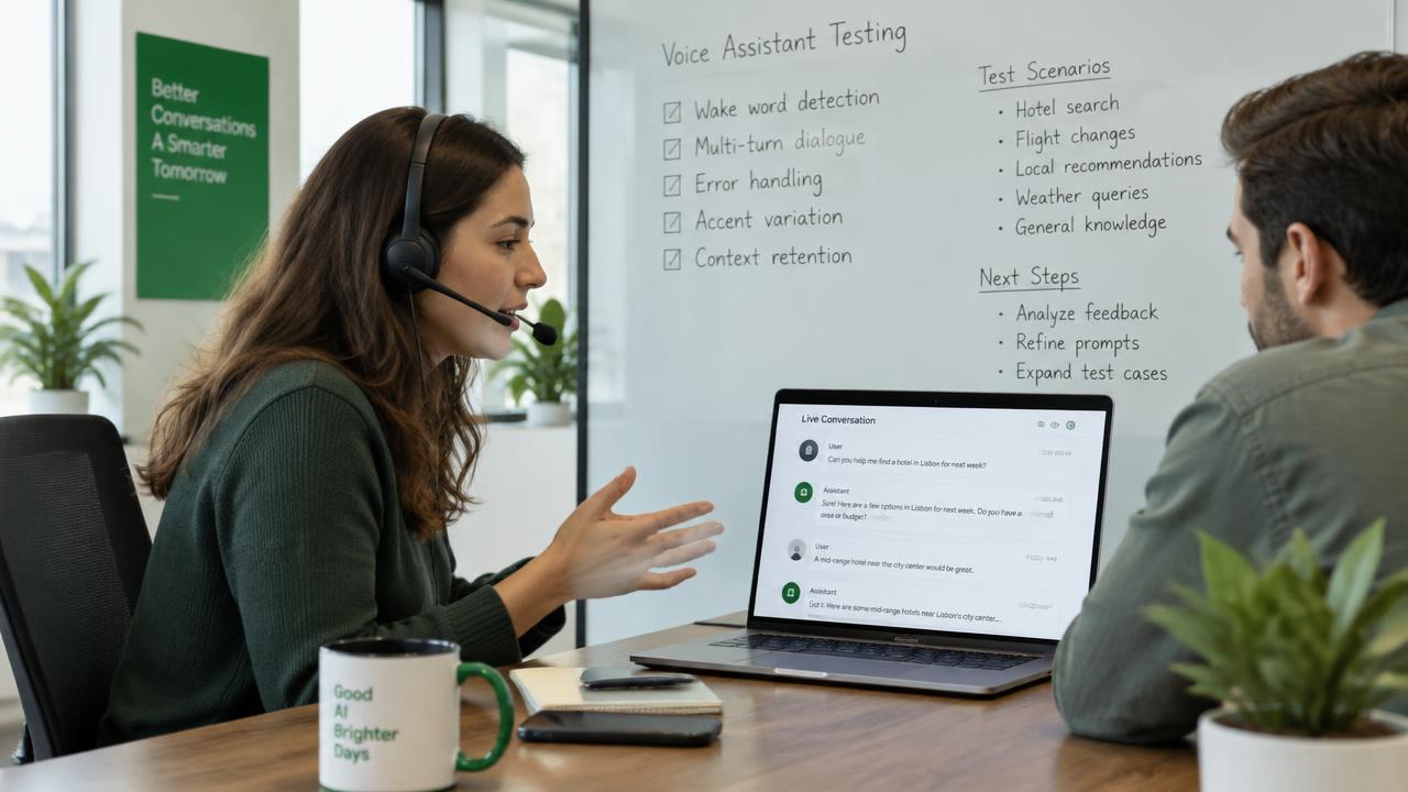 KI-generiertes Motiv: Team testet einen Telefon-Agenten mit Headset und Gesprächsübersicht