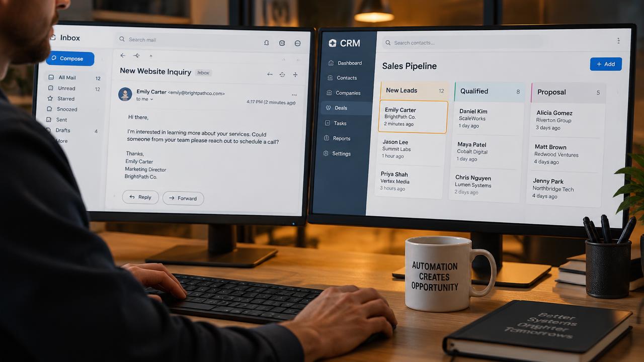 KI-generiertes Motiv: Mitarbeiterin prüft Terminbuchung und CRM-Übergabe