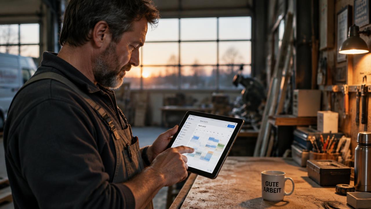 KI-generiertes Motiv: Handwerker nutzt eine digitale Terminübersicht im Betrieb