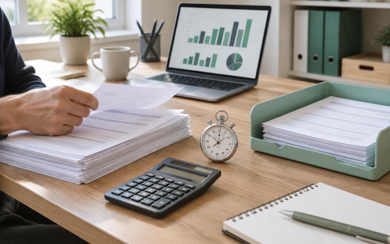 KI-generiertes Symbolbild: Stoppuhr, Taschenrechner und geordnete Unterlagen zur Messung von Arbeitsaufwand im Büro