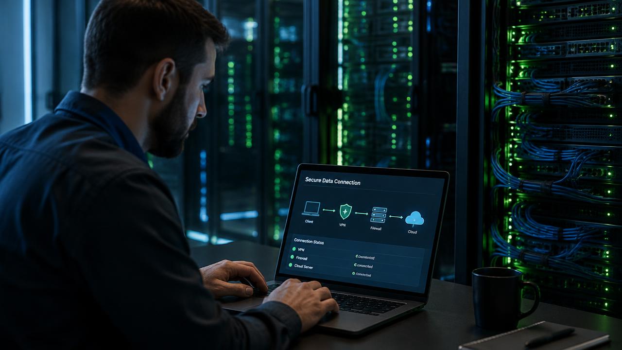 KI-generiertes Motiv: Entwickler prüft geschützte Datenanbindungen neben einem Netzwerkserver