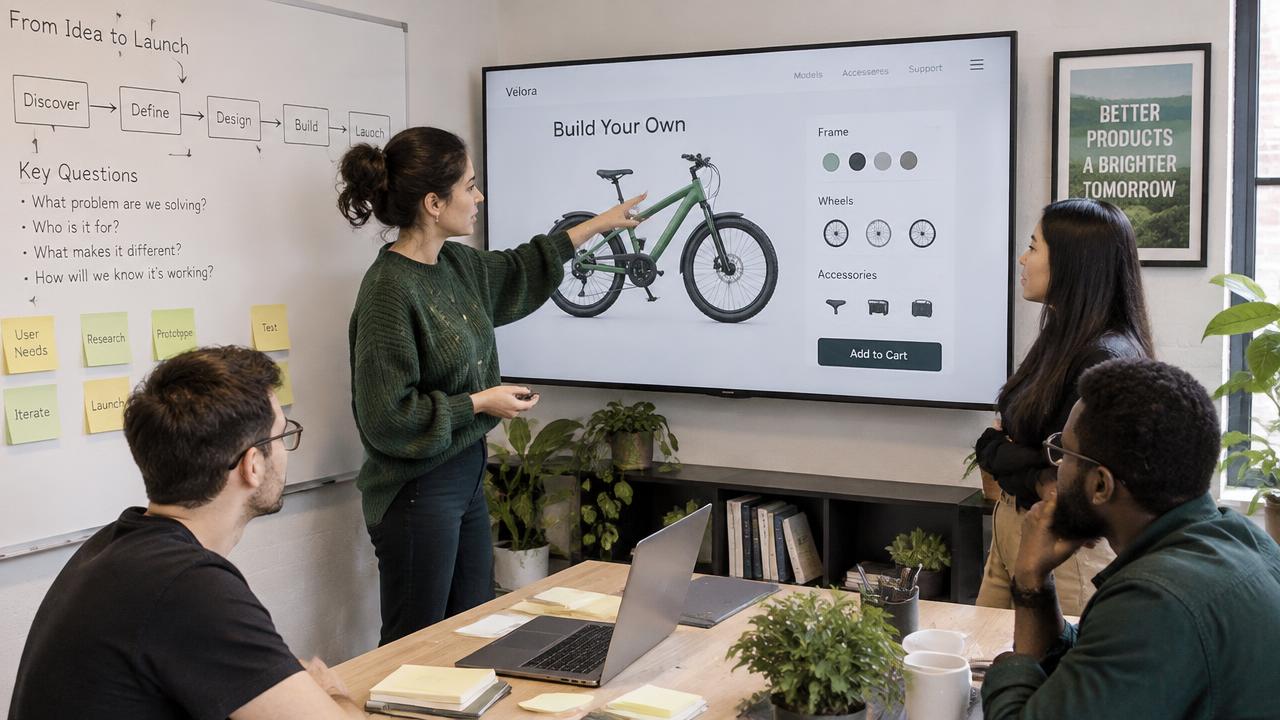 Team testet einen interaktiven Produktkonfigurator am Bildschirm