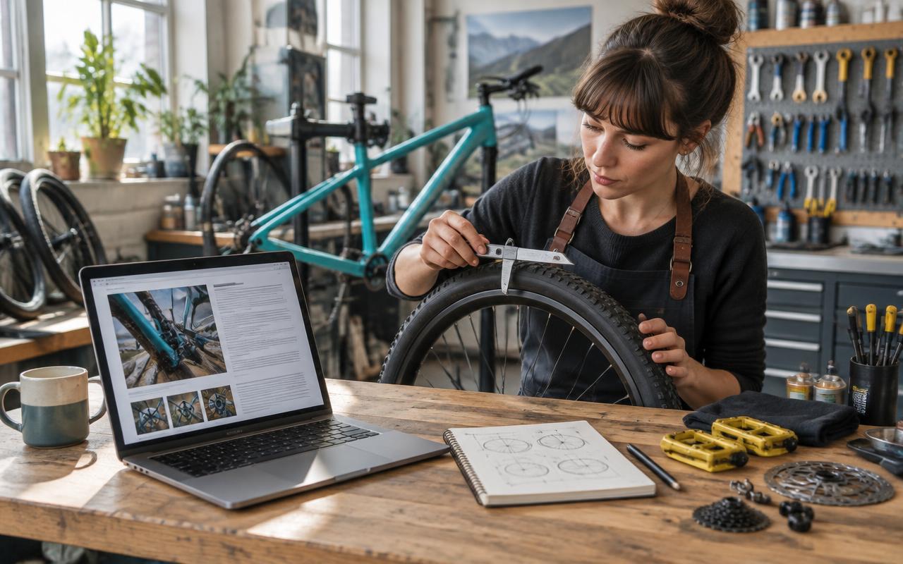 KI-generiertes Motiv: Fahrradfachfrau prüft einen Reifen neben einem Laptop mit Fachartikel – praktisches Wissen als Grundlage hilfreicher Inhalte